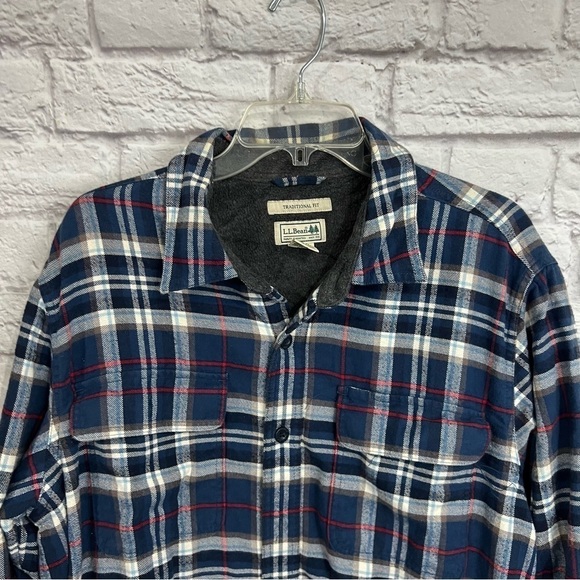 LL Bean Men's Fleece-Lined Flannel Shirt Traditional Fit large blue plaid - Picture 3 of 7